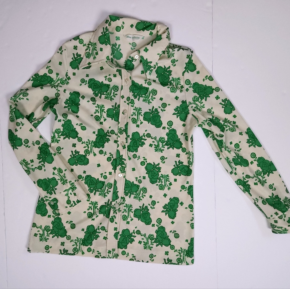 Alex Colman California Vintage 70s Point Collar Flowy Top Green Cream Small - Picture 5 of 16